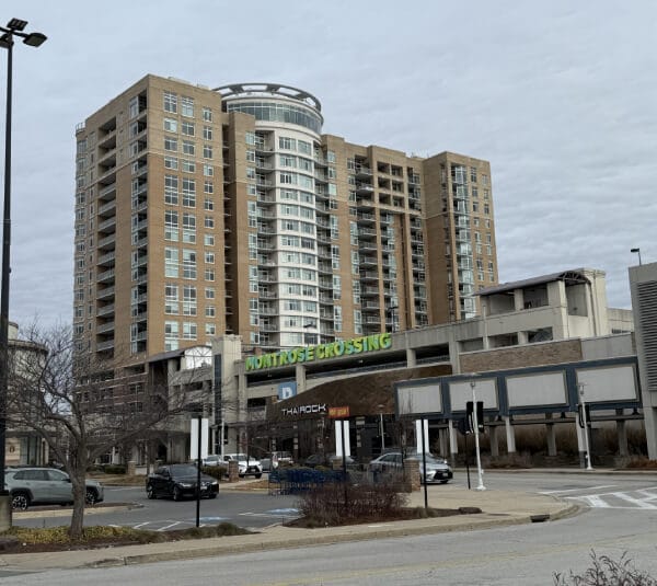 Montrose Crossing shopping center in Rockville, Maryland, promoting Bio-One Gaithersburg’s local biohazard remediation services in Rockville, North Bethesda, and Gaithersburg.
