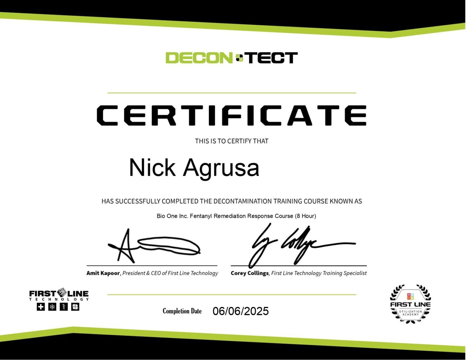 Decontec Fentanyl Response Certificate